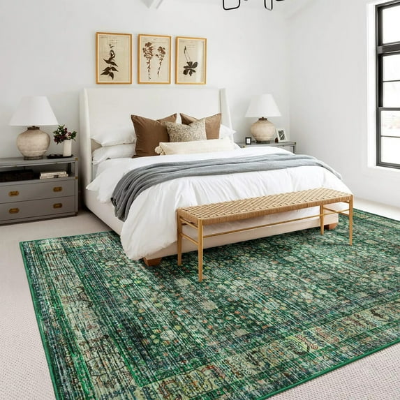 Balacho Farmhouse Floral Bohemian Faux Wool Area Rug, 6' x 9', Green