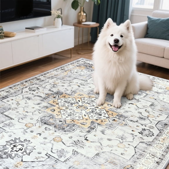 Balacho Flame Resistant Beige & Gray Boho Floral Area Rug Living Room Carpet, 4' x 6'
