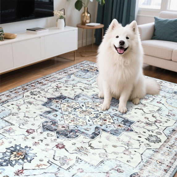 Balacho Flame Resistant Blue & Purple Boho Floral Area Rug Living Room Carpet, 4' x 6'