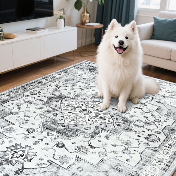 Balacho Flame Resistant Gray Boho Floral Area Rug Living Room Carpet, 8' x 10'