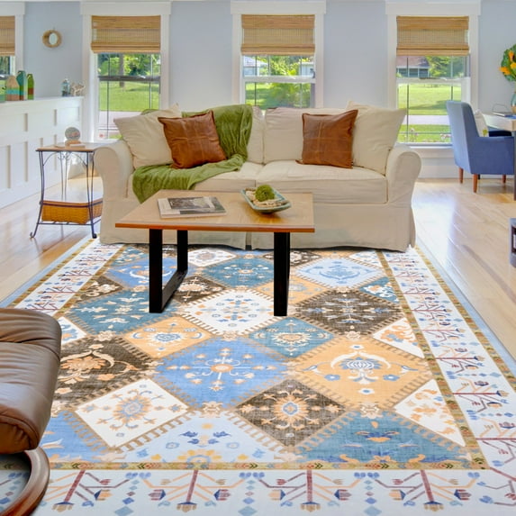 Balacho Floral Mosaic Boho Patchwork Quilted Faux Wool Area Rug, 4' x 6', Blue