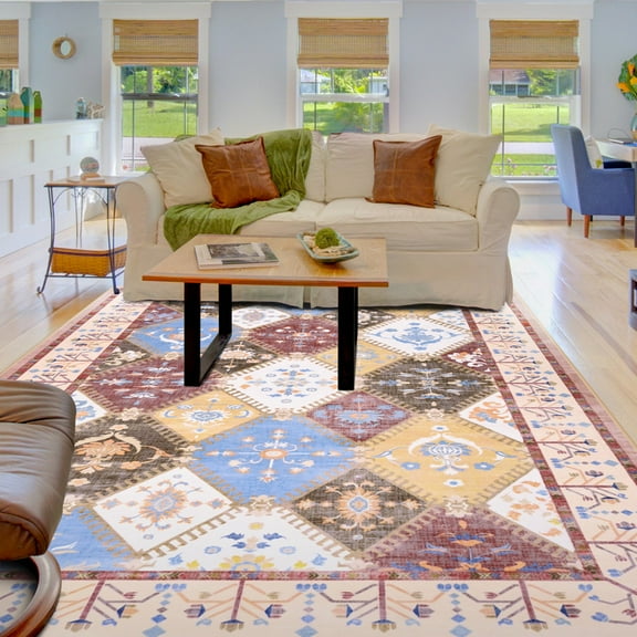 Balacho Floral Mosaic Boho Patchwork Quilted Faux Wool Area Rug, 4' x 6', Brown