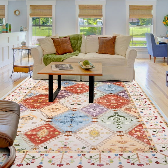 Balacho Floral Mosaic Boho Patchwork Quilted Faux Wool Area Rug, 5' x 8', Off-White