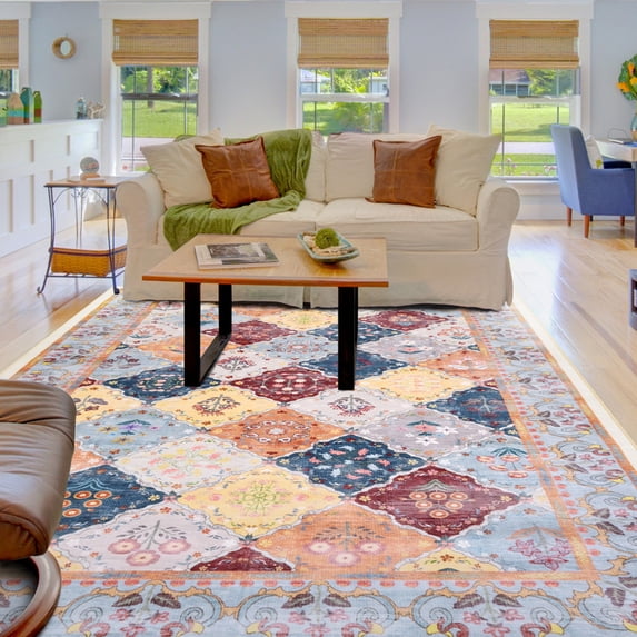 Balacho Floral Mosaic Boho Patchwork Quilted Faux Wool Area Rug, 5' x 8', Orange