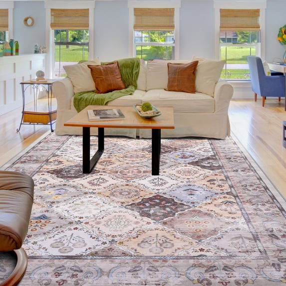 Balacho Floral Mosaic Boho Patchwork Quilted Faux Wool Area Rug, 6' x 9', Brown