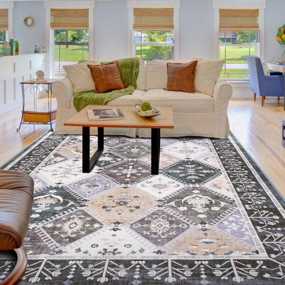 Balacho Floral Mosaic Boho Patchwork Quilted Faux Wool Area Rug, 6' x 9', Gray