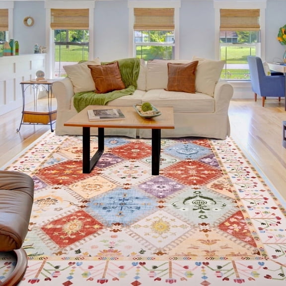 Balacho Floral Mosaic Boho Patchwork Quilted Faux Wool Area Rug, 6' x 9', Off-White