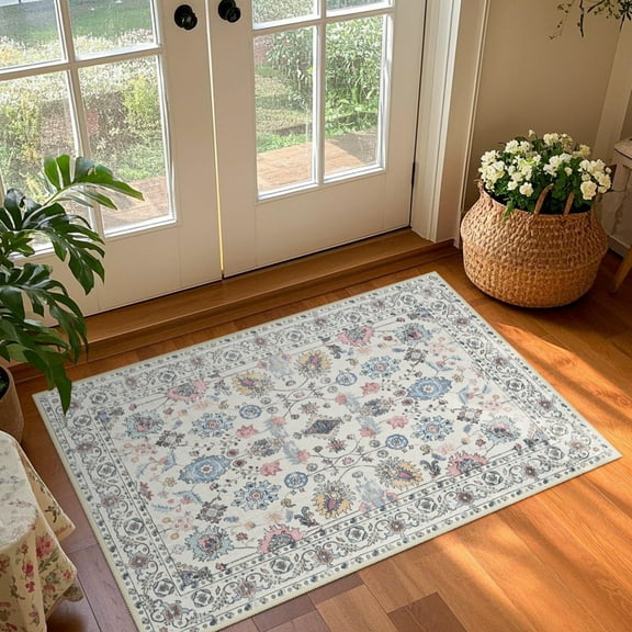 Balacho Floral Pattern Oriental Boho Faux Wool Area Rug, 2' x 3', Beige