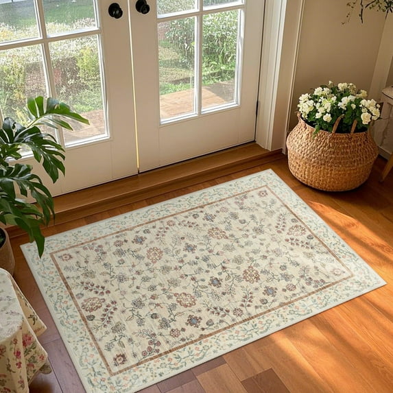 Balacho Floral Pattern Oriental Boho Faux Wool Area Rug,2' x 3', Beige