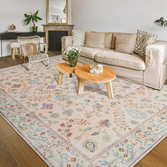 Balacho Floral Pattern Oriental Boho Faux Wool Area Rug, 4' x 6', Pink