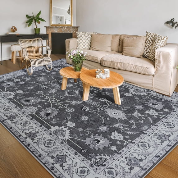 Balacho Floral Pattern Oriental Boho Faux Wool Area Rug, 5' x 7', Gray