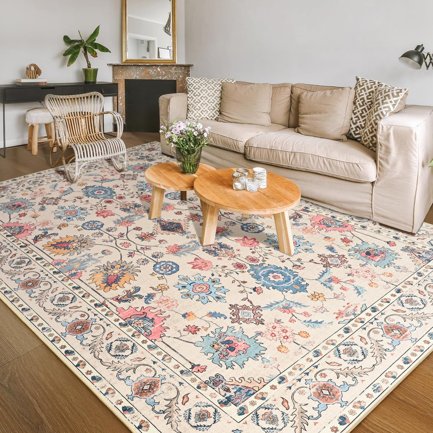 Balacho Floral Pattern Oriental Boho Faux Wool Area Rug, 5' x 8', Beige ...