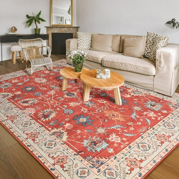 Balacho Floral Pattern Oriental Boho Faux Wool Area Rug, 5' x 8', Red