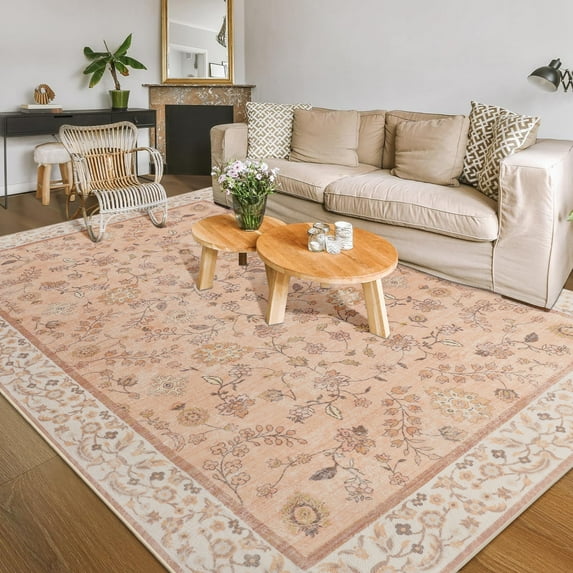 Balacho Floral Pattern Oriental Boho Faux Wool Area Rug, 6' x 9', Orange