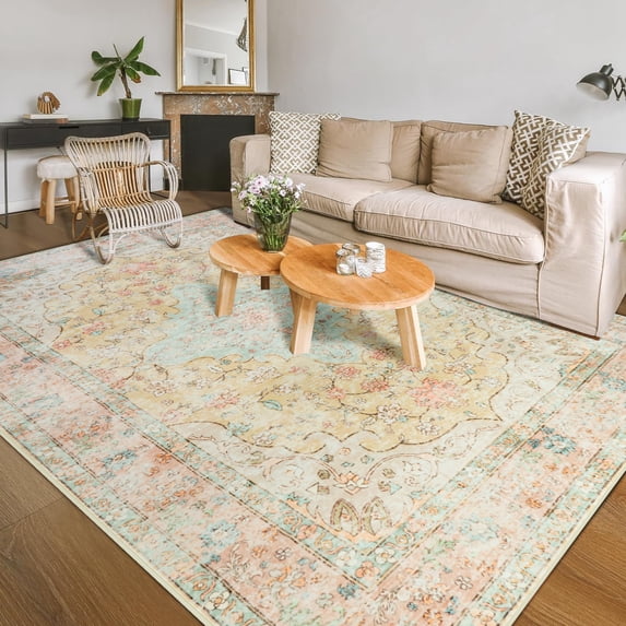 Balacho Floral Pattern Oriental Boho Faux Wool Area Rug, 6' x 9', Orange