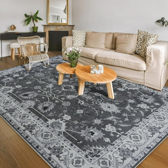 Balacho Floral Pattern Oriental Boho Faux Wool Area Rug, 8' x 10', Gray