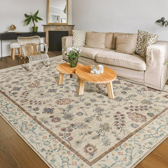 Balacho Floral Pattern Oriental Boho Faux Wool Area Rug,9' x 12', Beige