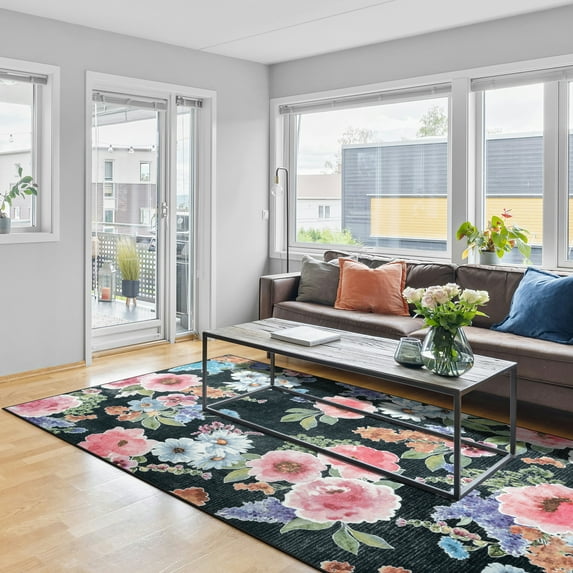 Balacho Modern Floral Design Boho Faux Wool Area Rug,8' x 10', Black