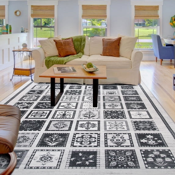 Balacho Modern Geometric Floral Black Area Rug, 4' x 6'