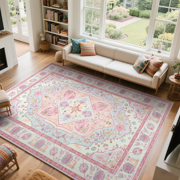 Balacho Pink Persian Medallion Area Rug Floral Pattern Low-Pile Carpet for Bohemian Living Room, 5' x 8'