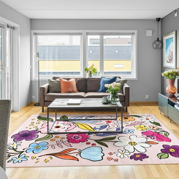 Balacho Soft Texture Modern Hand-Painted Watercolor Floral Area Rug, 5' x 8', Blush Pink