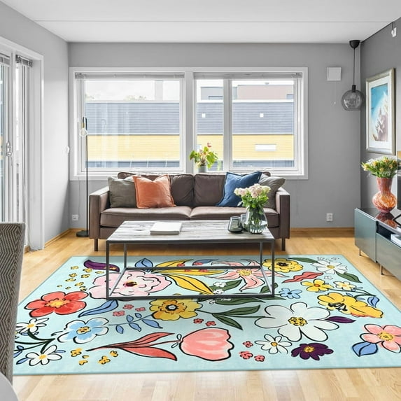 Balacho Soft Texture Modern Hand-Painted Watercolor Floral Area Rug, 5' x 8', Coastal Blue