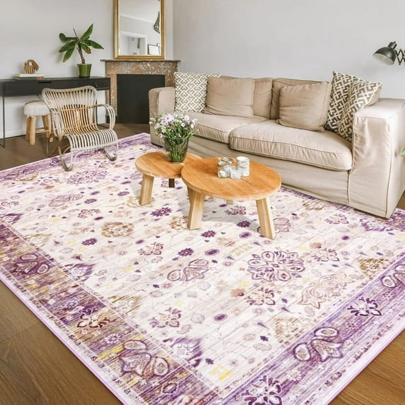 Balacho Soft Vintage Boho Floral Patterned Neutral Medallion Faux Wool Area Rug, 4' x 6', Lavender