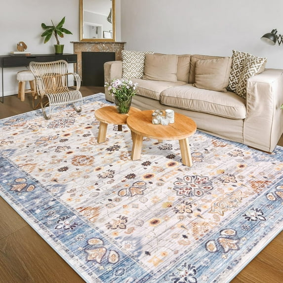 Balacho Soft Vintage Boho Floral Patterned Neutral Medallion Faux Wool Area Rug, 5' x 8', Blue