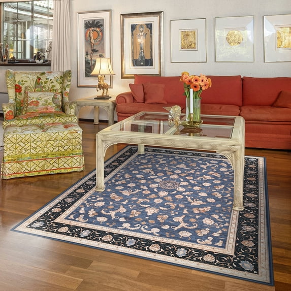 Balacho Traditional Farmhouse Floral Indoor Dark Blue Area Rug for Living Room, 4' x 6'