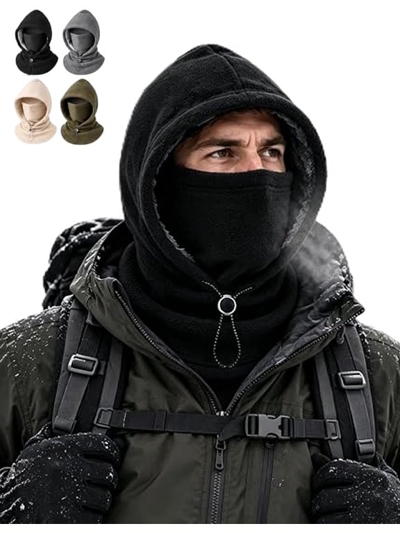 Balaclava Face Mask for Men Women, Warm Fleece Lined Winter Hood with Neck Gaiter, One Piece Ski Mask with Drawstring