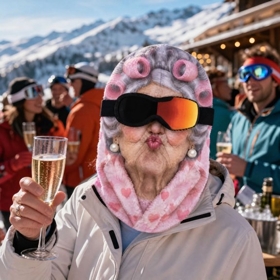 Balaclava Ski Mask, Pink hair-roller woman face with a heart scarf and orange goggle-look styling, Full-Head Cover for Skiing, Cycling and Costume Parties