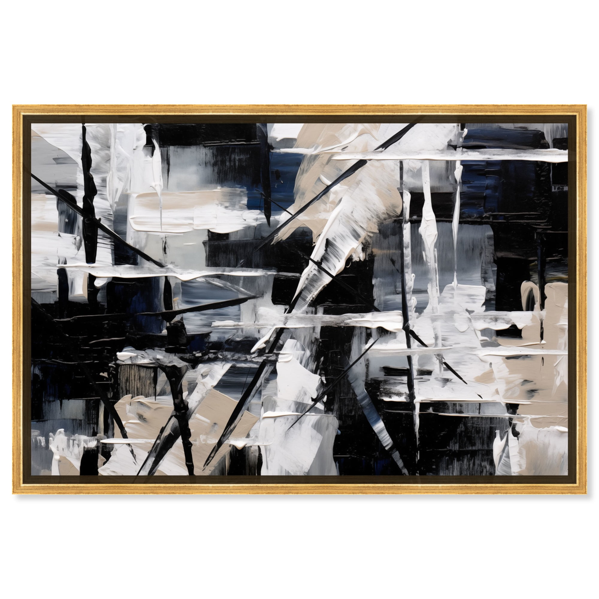 Large Black and White Abstract Canvas Art with Gold Frame
