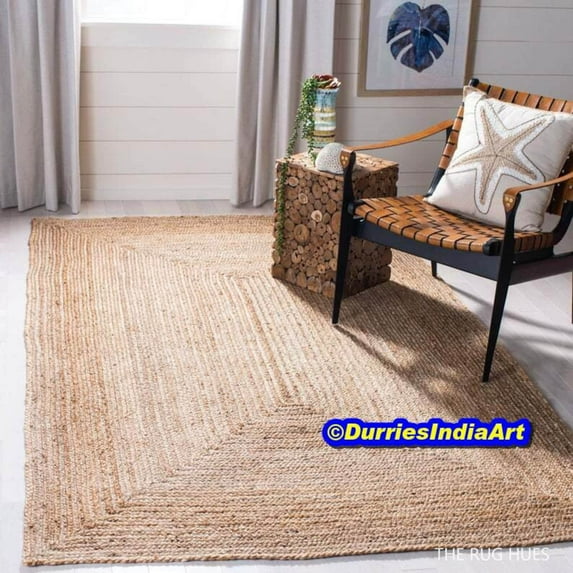 Balaji Arts Natural Color Hand-Braided Geometric Jute Area Rug Round