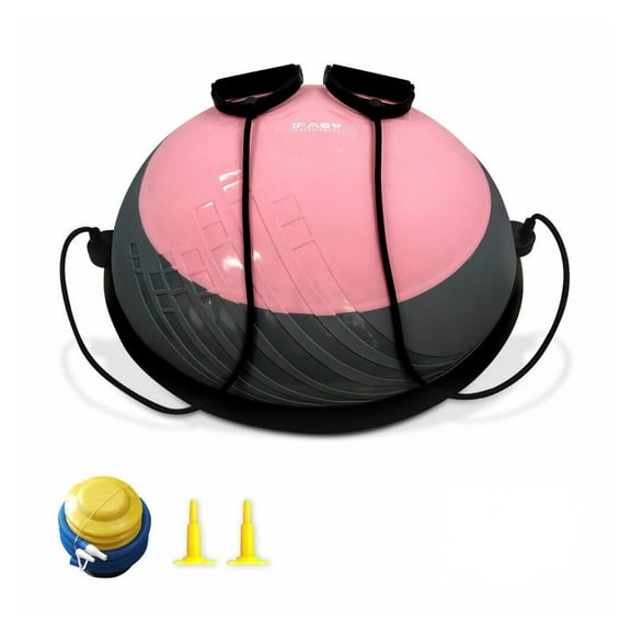 Balance Ball Trainer 23", 660Lbs Capacity - Half Ball with Resistance Bands, Foot Pump - Core Stability, Yoga, Fitness Workout Yoga + Pink + Balanced Handling + Beach + Training Support + PVC + PVC