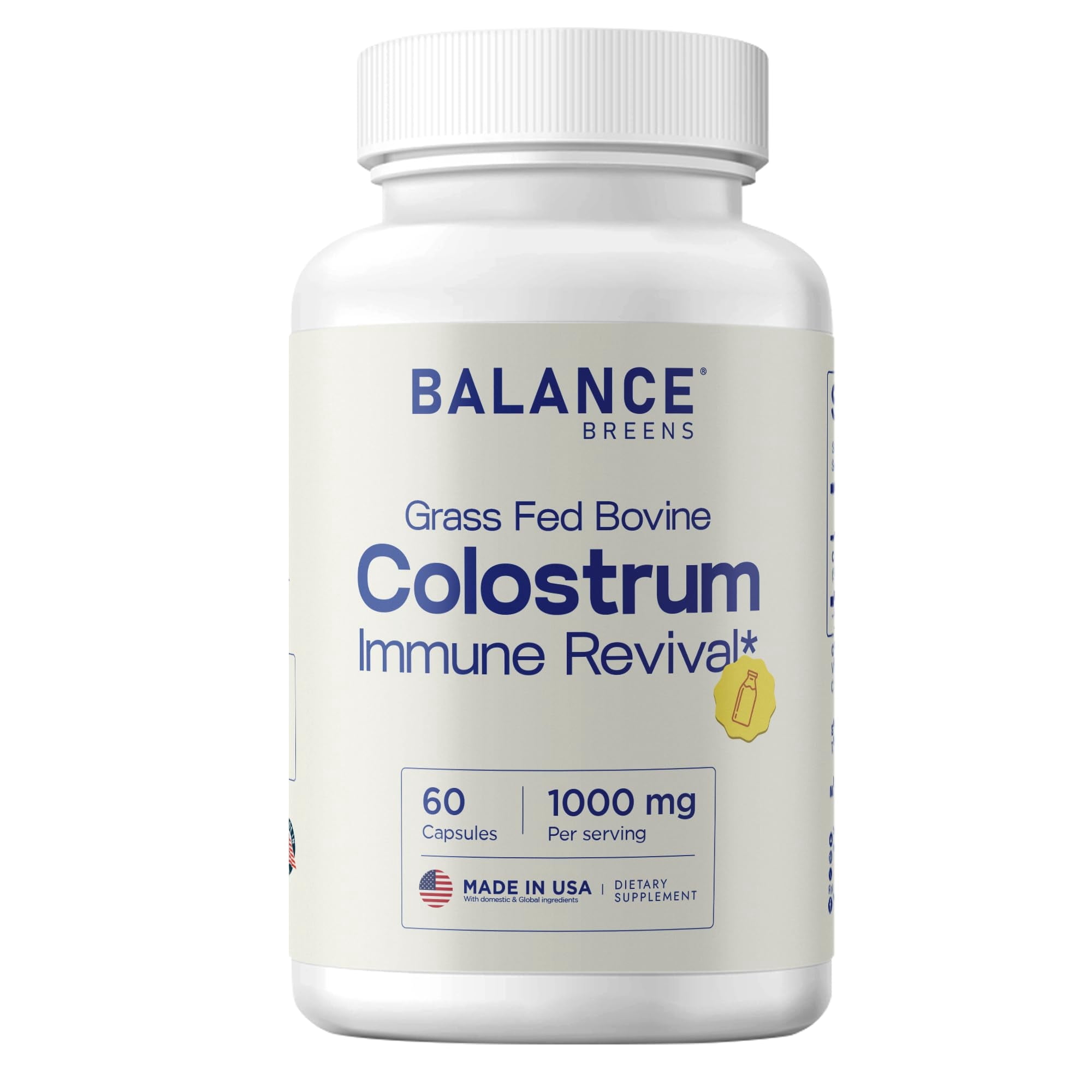 Grass-Fed Bovine Colostrum 1000mg, 15% IgG, First-Milking Only, Gut Lining & Immune Support, Third-Party Tested, 60 Capsules, Clean Label Supplement