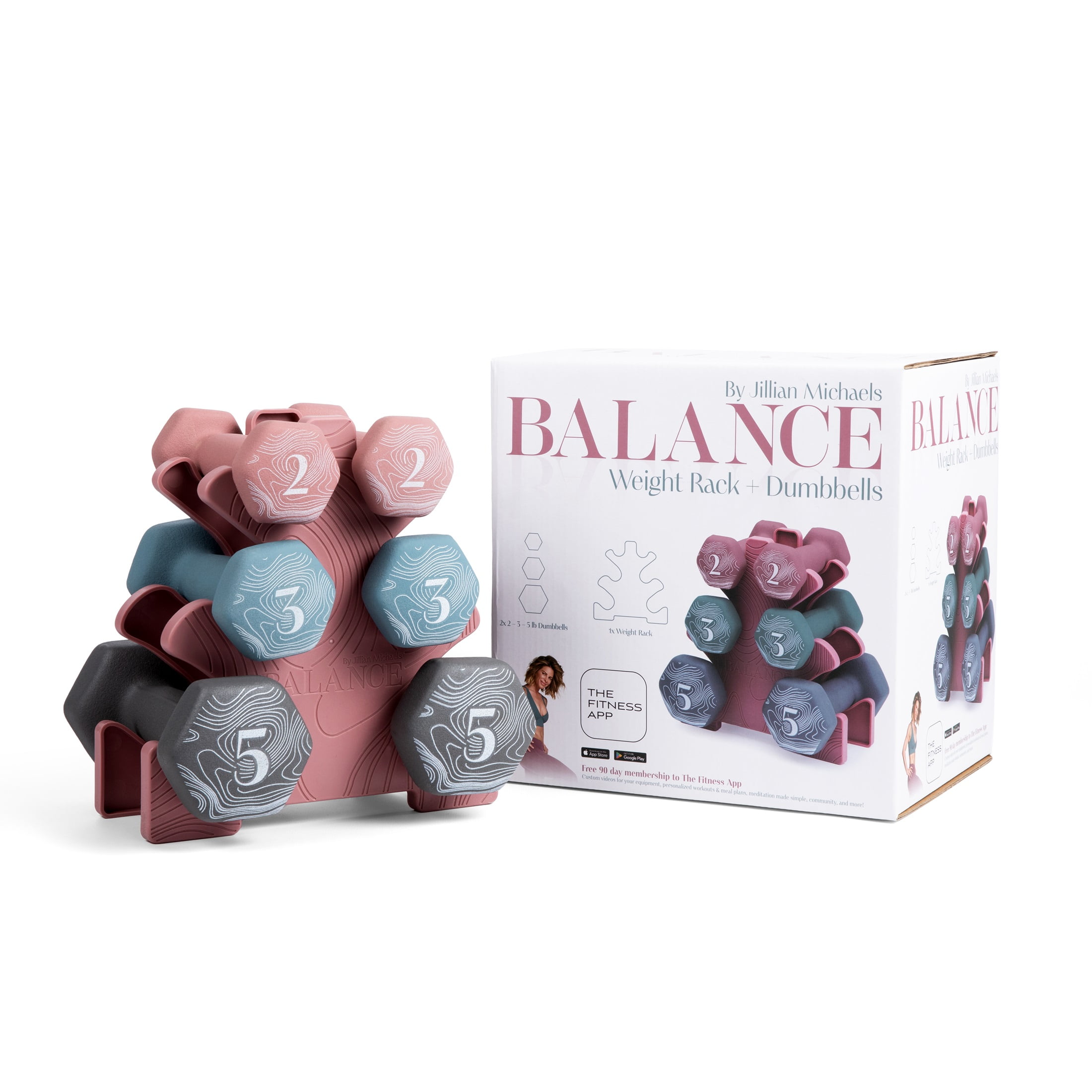 Balance By Jillian Michaels Weight Rack + Dumbbell Set, 2lb 3lb 5lb Neoprene Weights, Includes Extended App Access