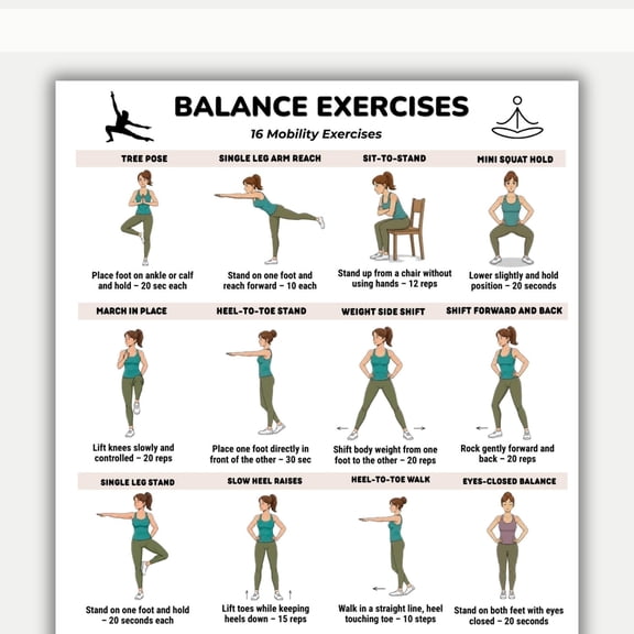 Balance Exercise Chart Poster, Balance Training Exercise Poster, Beginner Stability Practice, Family Balance Exercise Chart Poster poster