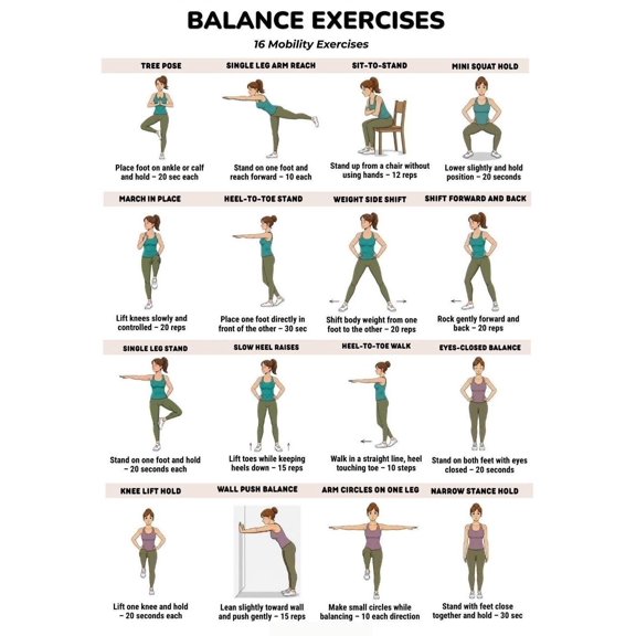 Balance Exercises Poster 16 Mobility Training Chart for Seniors