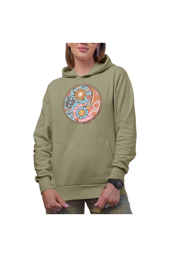 Balance Over Hustle, Retro Flowers Art Merch Gift, Sand Hooded Sweatshirt or Hoodie, Large