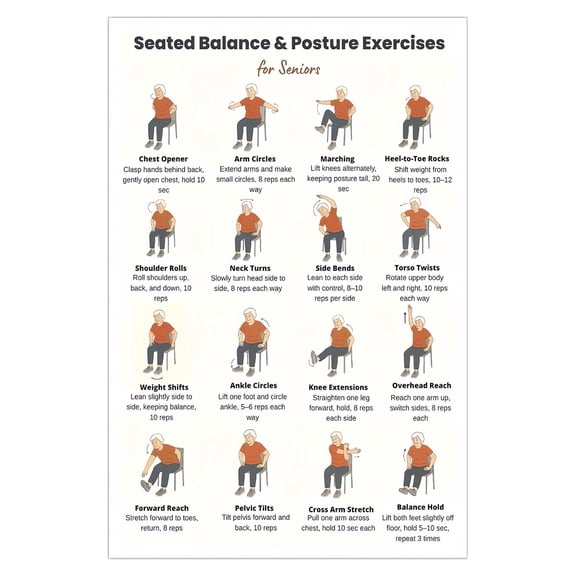 Balance Training for Seniors Chair Workout Chart Illustrated Seated Exercises for Posture Fall Prevention and Home Confidence
