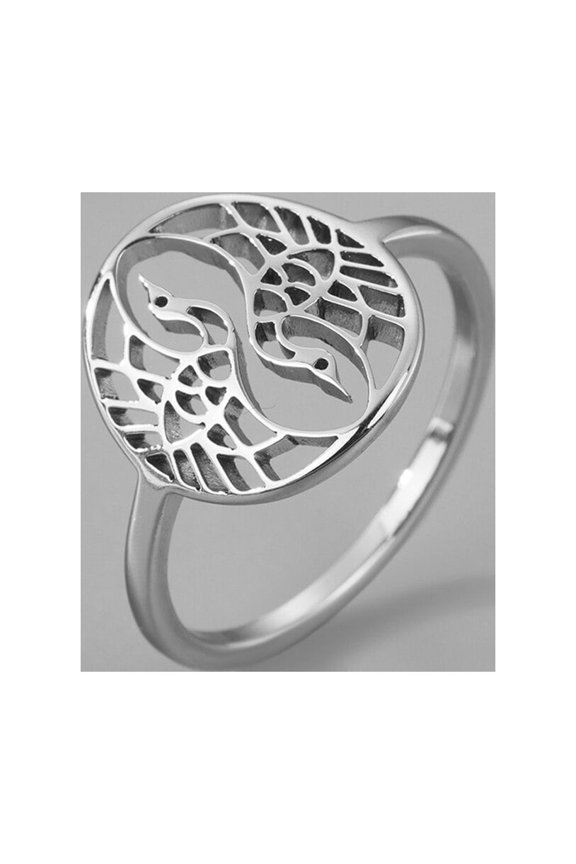 Balance Yin Yang Ring Dancing Cranes Birds Stainless Steel Oriental Zen Jewelry