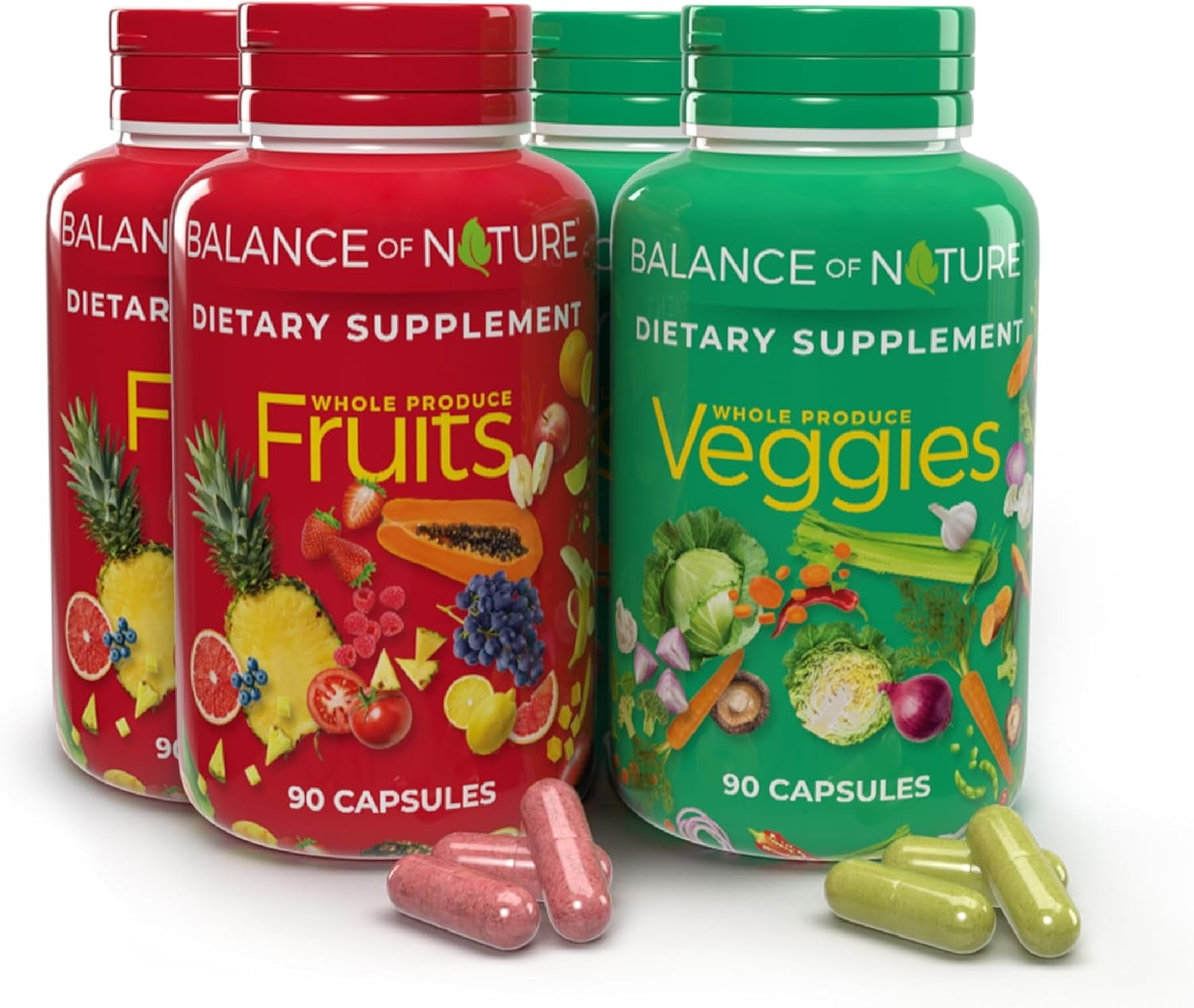 Balance of Nature Fruits & Veggies Supplements - Whole Fruit and Vegetable Ingredients for Women, Men, and Kids - 90 Fruits Capsules, 90 Veggies Capsules - 2 Sets