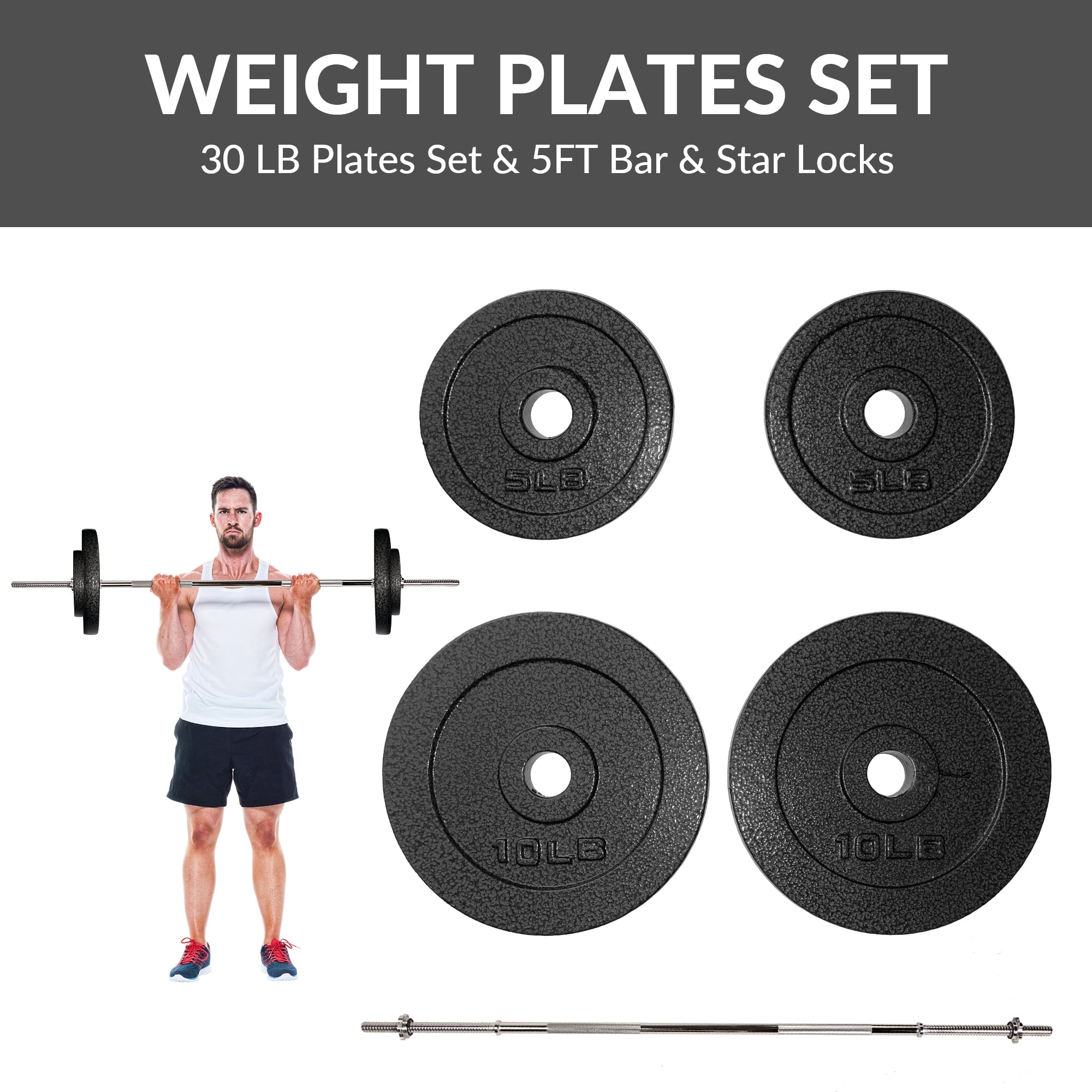 BalanceFrom 1-Inch Standard Cast Iron Weight Plate Set，with 5FT Bar and Star Locks，Multiple Weight Options，for Home Gym Strength Training