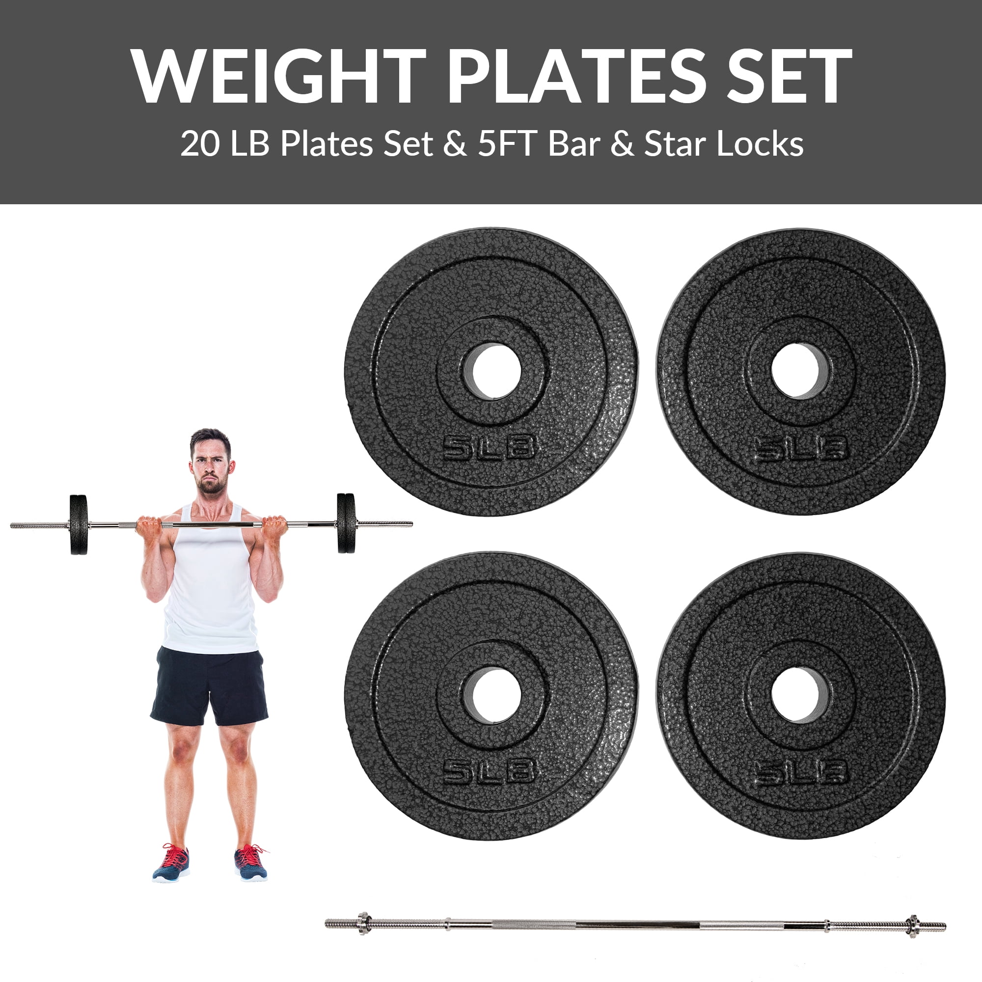 BalanceFrom 1-Inch Standard Cast Iron Weight Plate Set，with 5FT Bar and Star Locks，Multiple Weight Options，for Home Gym Strength Training