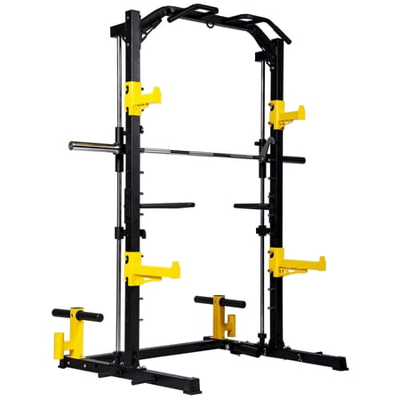 BalanceFrom 1000-Pound Capacity Multi-Function Adjustable Smith Rack Squat Rack with Dip Bars, Weight Plate Holders, Barbell Holders and T-Bar Row Platform
