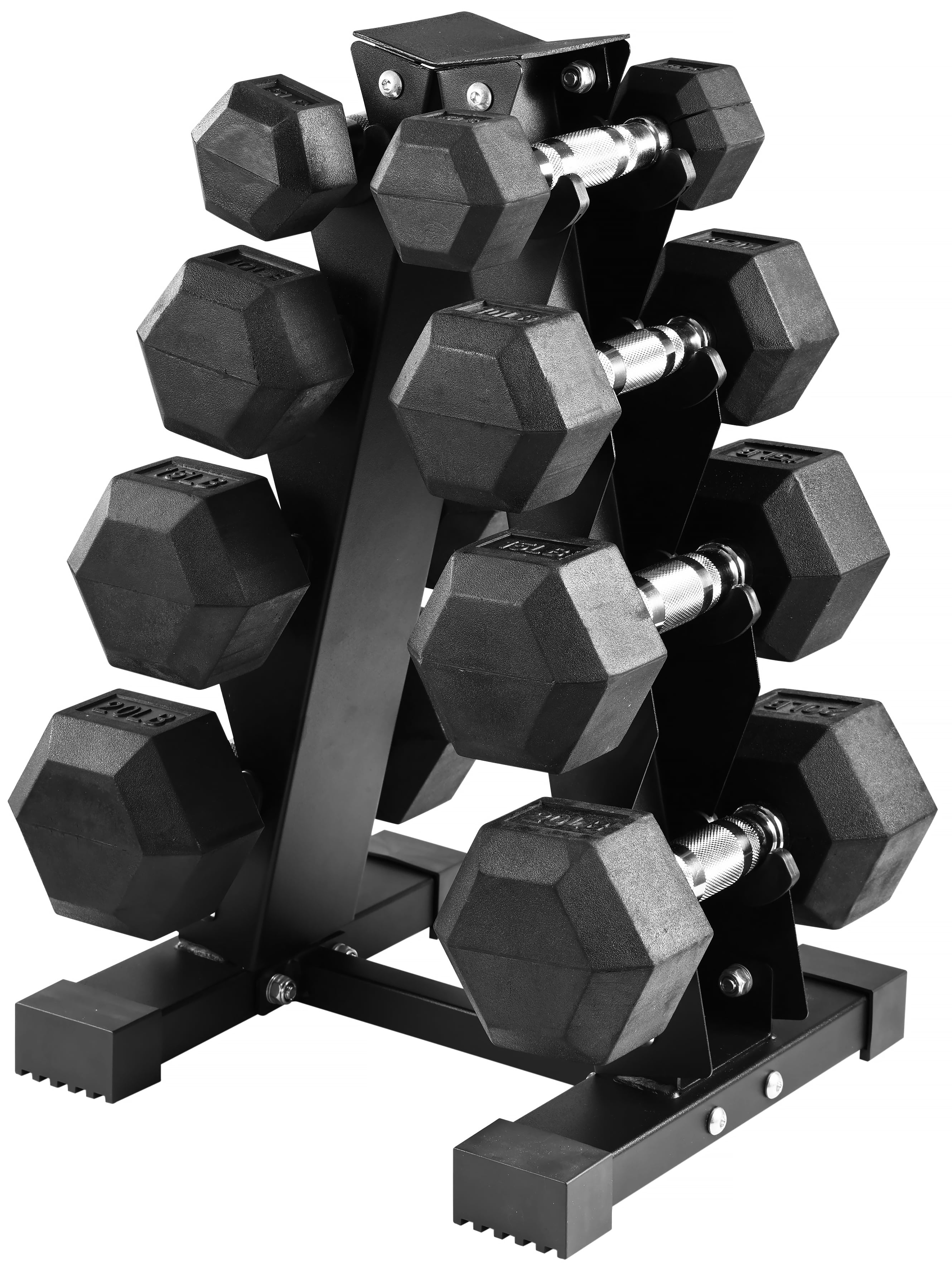 Rubber coated hex dumbbell set with rack hotsell