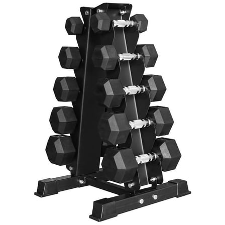 BalanceFrom 150LB Coated Hex Dumbbell Weight Set and A-Frame Storage Rack, 5-25 lbs Pairs