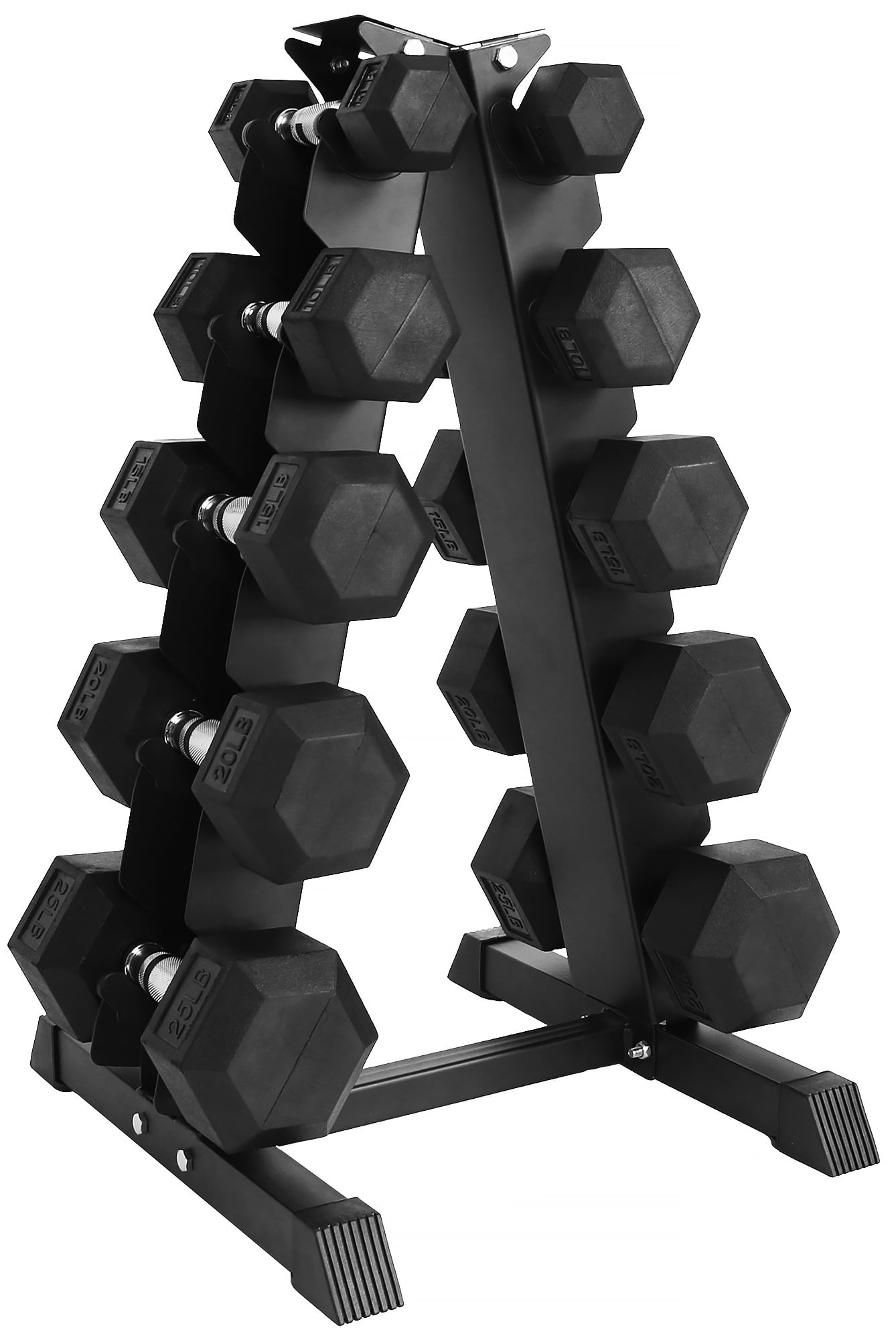 BalanceFrom 150LB Rubber Coated Hex Dumbbell Weight Set with A-Frame Rack, 5-25 lbs Pairs - Walmart.com