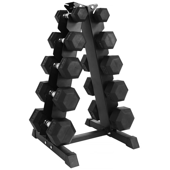 BalanceFrom 150LB Rubber Coated Hex Dumbbell Weight Set with A-Frame Rack, 5-25 lbs Pairs