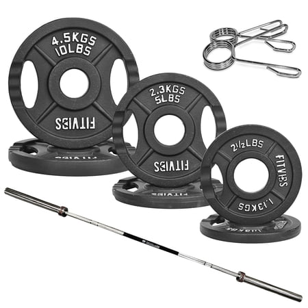 FlexWave 2-Inch Cast Iron Weight Plate Set with 7FT Olympic Barbell and A pair of Clips, 35LB Weight Plate Set Options, for Home Gym Strength Training & Weightlifting